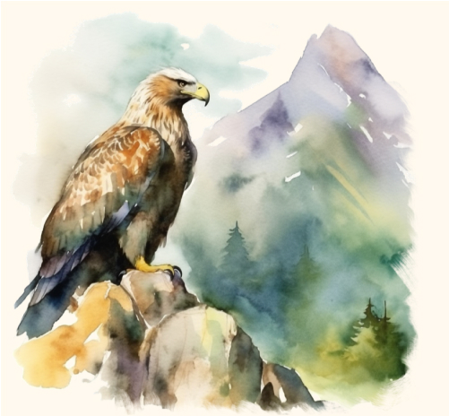 Un aigle posé sur un rocher observe la montagne.