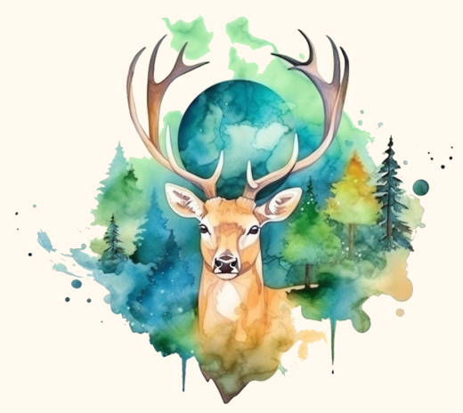 Illustration aquarelle d'un cerf avec en arrière-plan une planète et la forêt.
