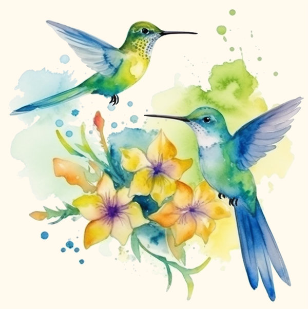 Deux colibris volent autour de fleurs.